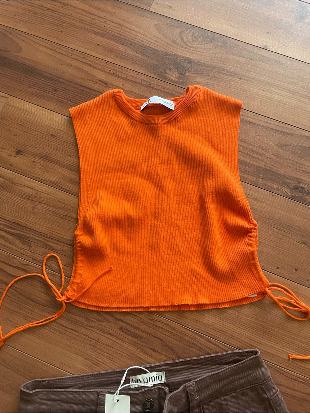 Zara Bright Orange Ribbed Knotted Tank with Side Ties